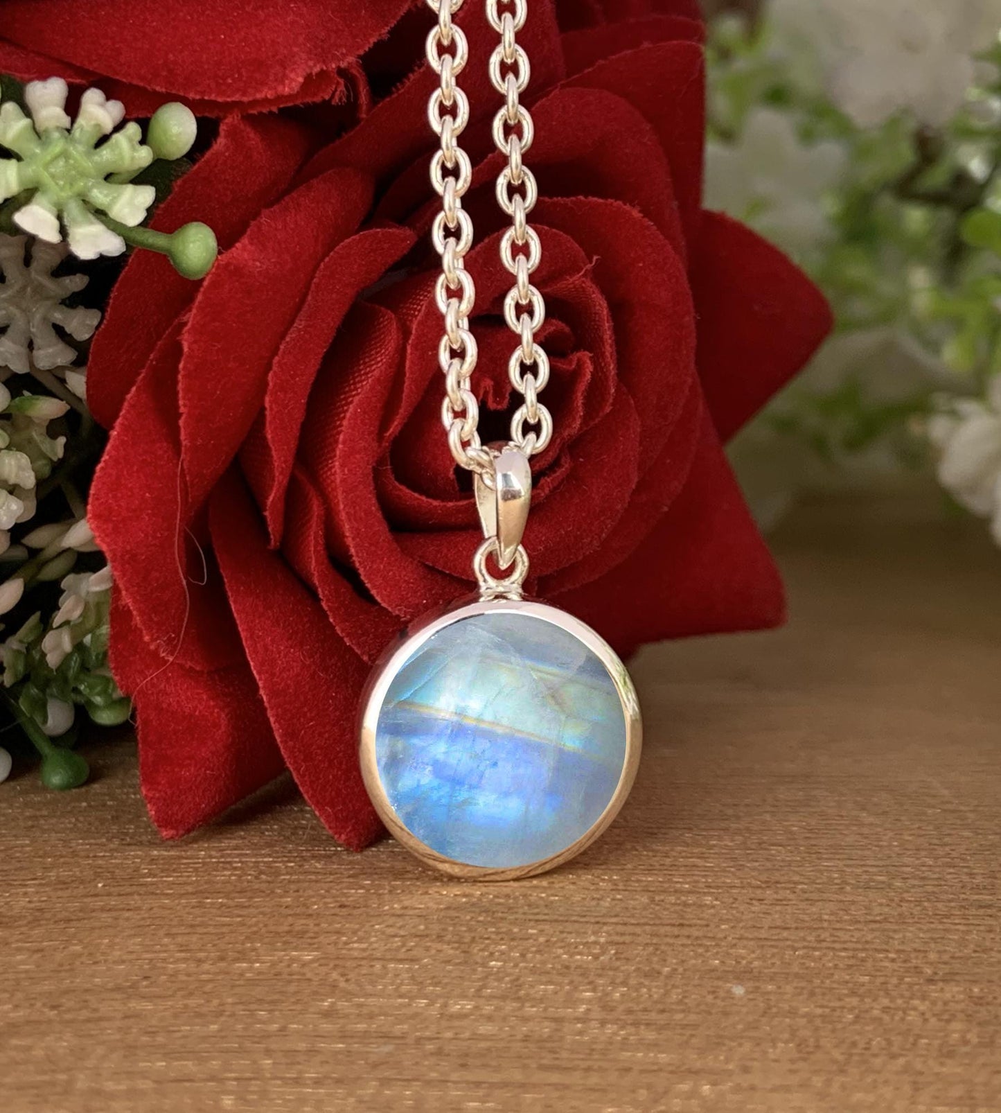 Rainbow Moonstone Full Moon Necklace – Dainty Solitaire Pendant in Silver or 18K Gold
