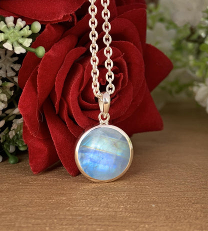 Rainbow Moonstone Full Moon Necklace – Dainty Solitaire Pendant in Silver or 18K Gold