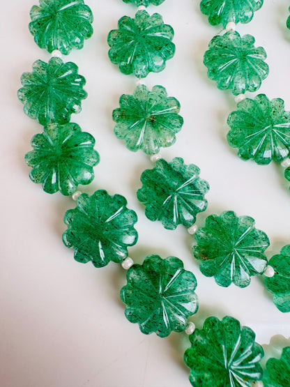 10 Pieces Natural Green Strawberry Carved Flower gemstone Fancy shape Slot Carved Briolette beads for jewelry making Size 14mm to 15mm