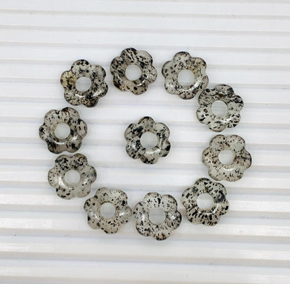 4 Pcs Natural Black Dot Quartz Smooth Flower Gemstone Beads 15mm Carved Flower Shape jewelry Gemstone Jewelry Handmade Bracelet Beads