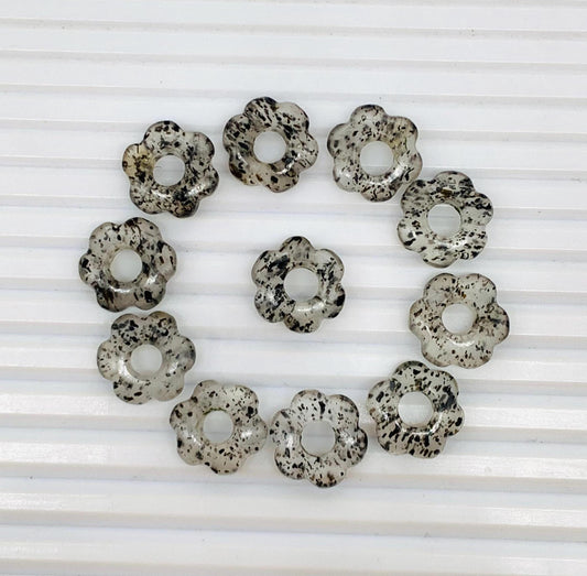 4 Pcs Natural Black Dot Quartz Smooth Flower Gemstone Beads 15mm Carved Flower Shape jewelry Gemstone Jewelry Handmade Bracelet Beads