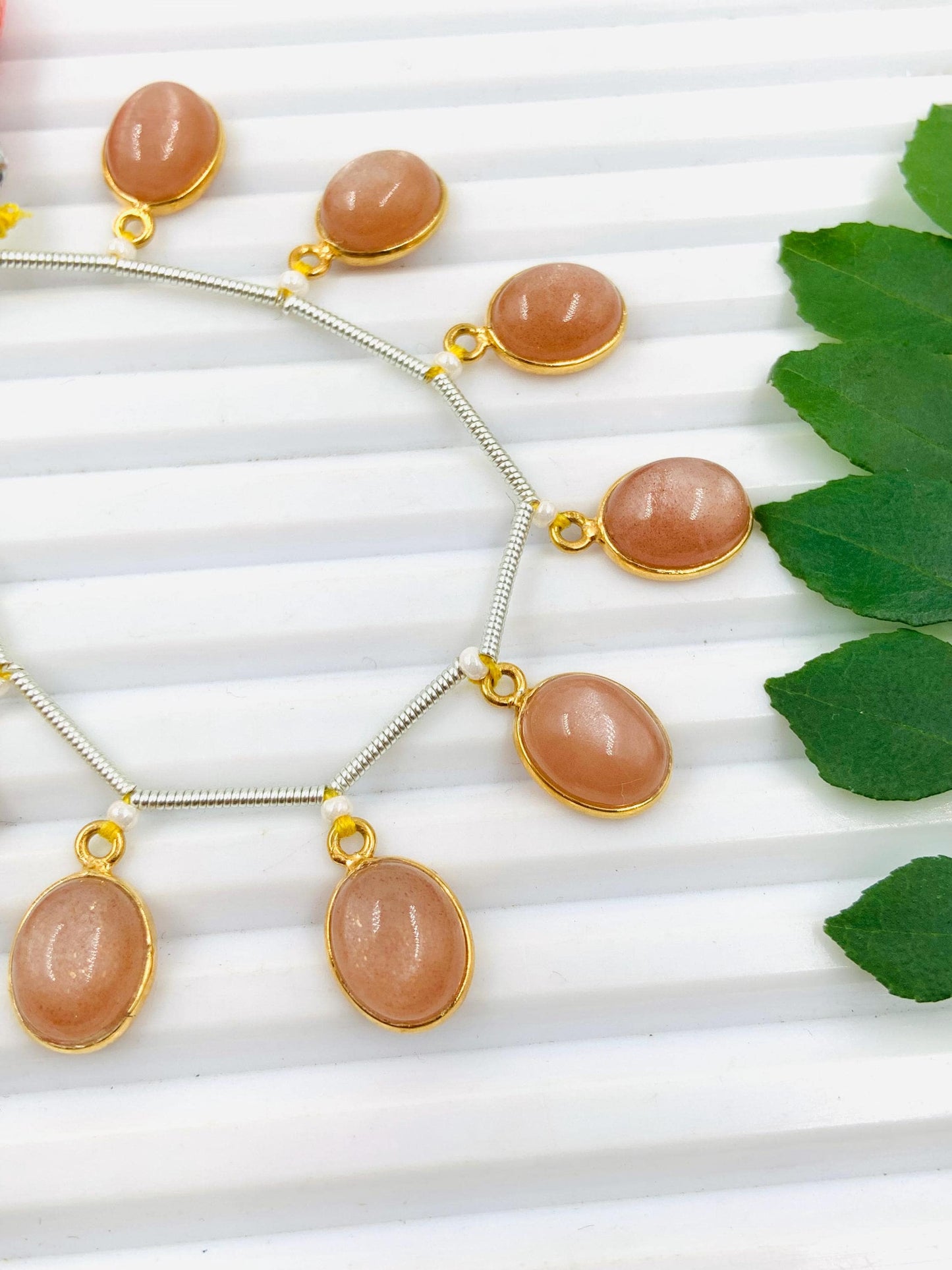 10 Pieces Natural Peach Moonstone Smooth Oval Shape Gemstone Gold Bezel Connector Jewelry Making Cabochons Semi Precious Cabochon Size 7x9mm