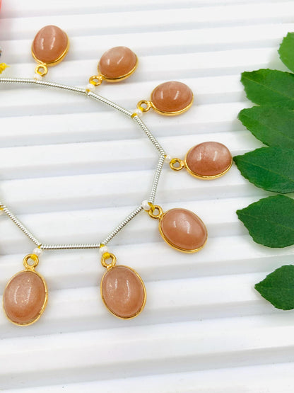 10 Pieces Natural Peach Moonstone Smooth Oval Shape Gemstone Gold Bezel Connector Jewelry Making Cabochons Semi Precious Cabochon Size 7x9mm