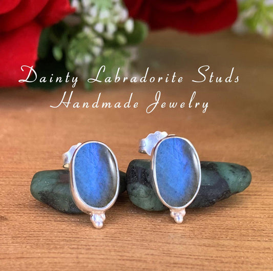 Labradorite Studs Earrings ~ Dainty Silver and Vermeil Gold Studs ~ Handmade Birthstone Jewelry ~ Gift For Her Anniversary Gift ~ 0046