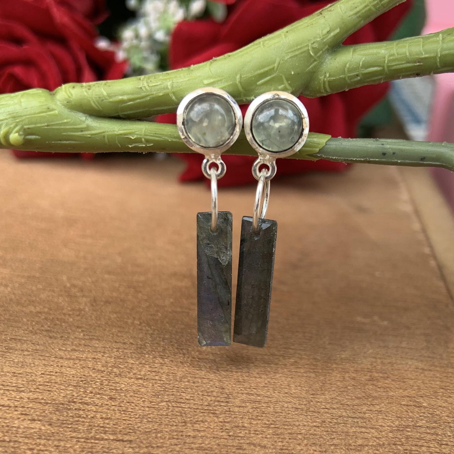 Sterling Silver Prehnite Studs with Blue Flash Labradorite Dangles, Unique Geometric Drop Earrings, Silver and Gold Plated Earrings For Gift