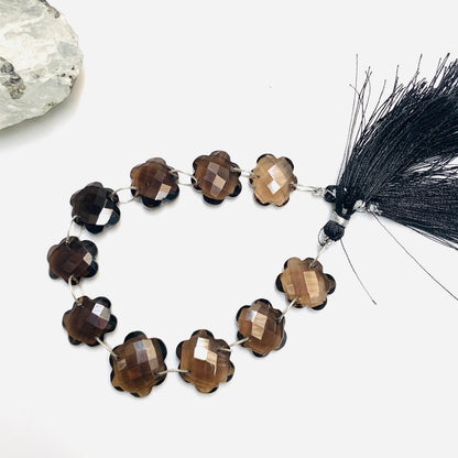 10 Pieces Natural Smoky Quartz Faceted Double Drilled Gemstone Beads, Cloud Shape Gemstone, Hand Carved Gemstone Size 14x15x5mm BBI1126
