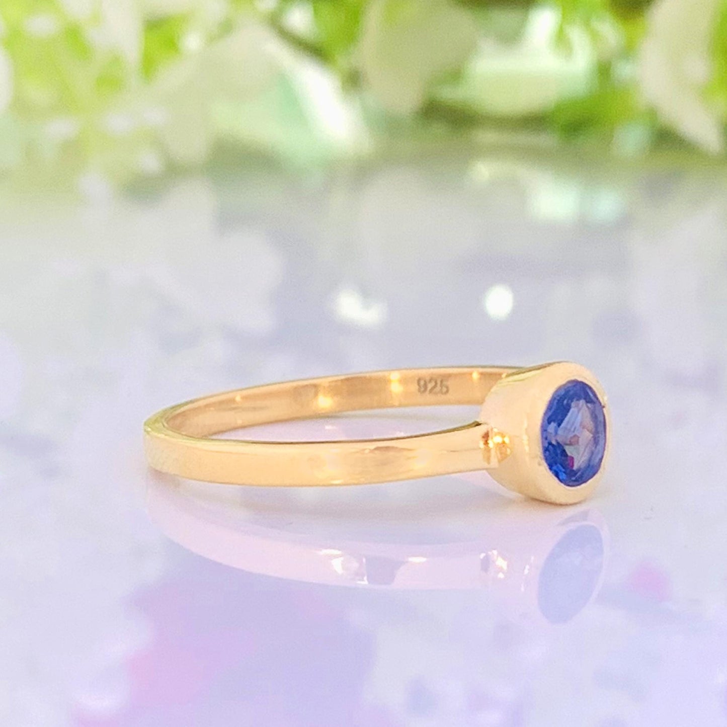 925 Sterling Silver Round Tanzanite Statement Ring -  Gold Plated