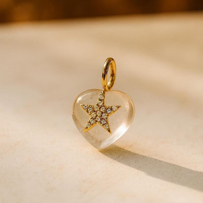 White Crystal Heart and Gold Star CZ Pendant Dainty Necklace for Women