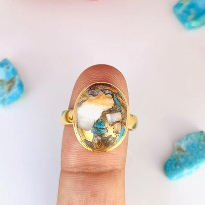 Oyster Turquoise Ring ~ 18k Gold Statement Ring ~ Oval Shape Stone ~ vermeil Gold Ring ~ Ring For Her ~ Chunky Ring ~ R-0084