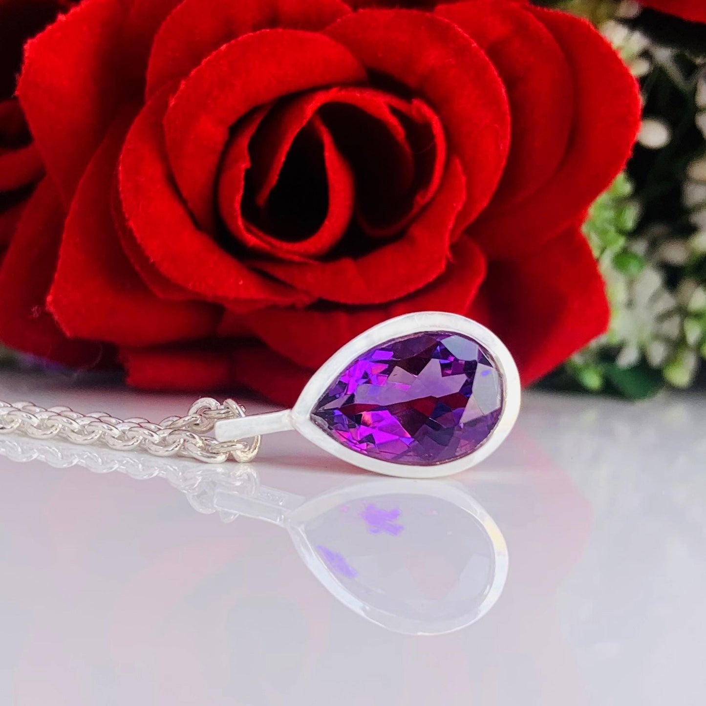 Pear Amethyst 925 Sterling Silver Necklace Gold Finish