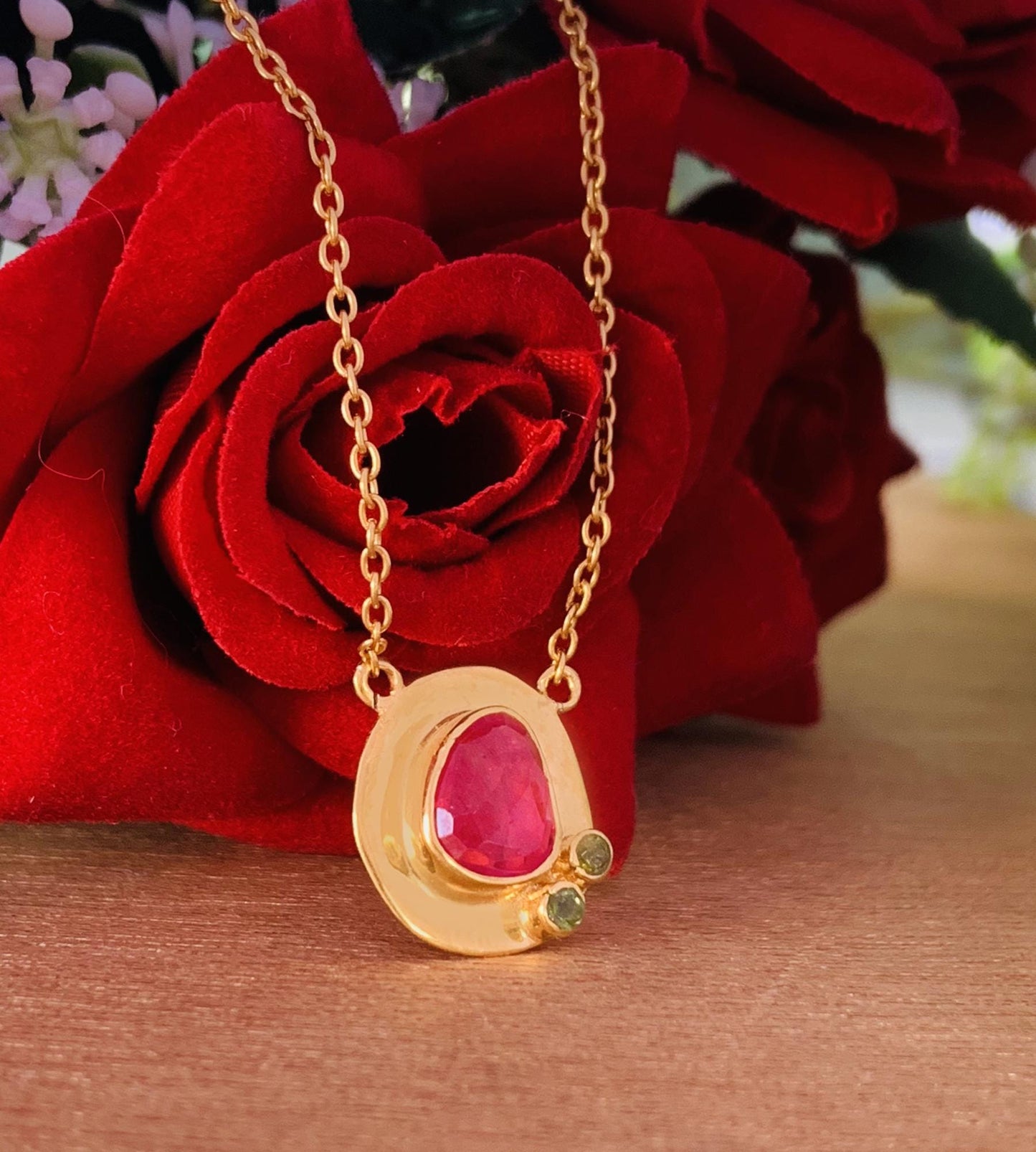 Rosecut Ruby Necklace – 18K Gold & Silver Minimal Pendant