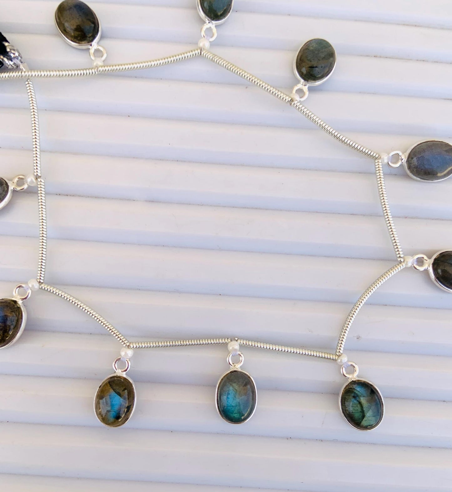 Natural Labradorite Oval Bezel Connector - 925 Silver Jewelry Finding