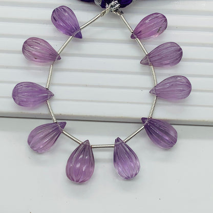 Natural Pink Amethyst Carved Drops Beads - Faceted Gemstone 10 Pcs
