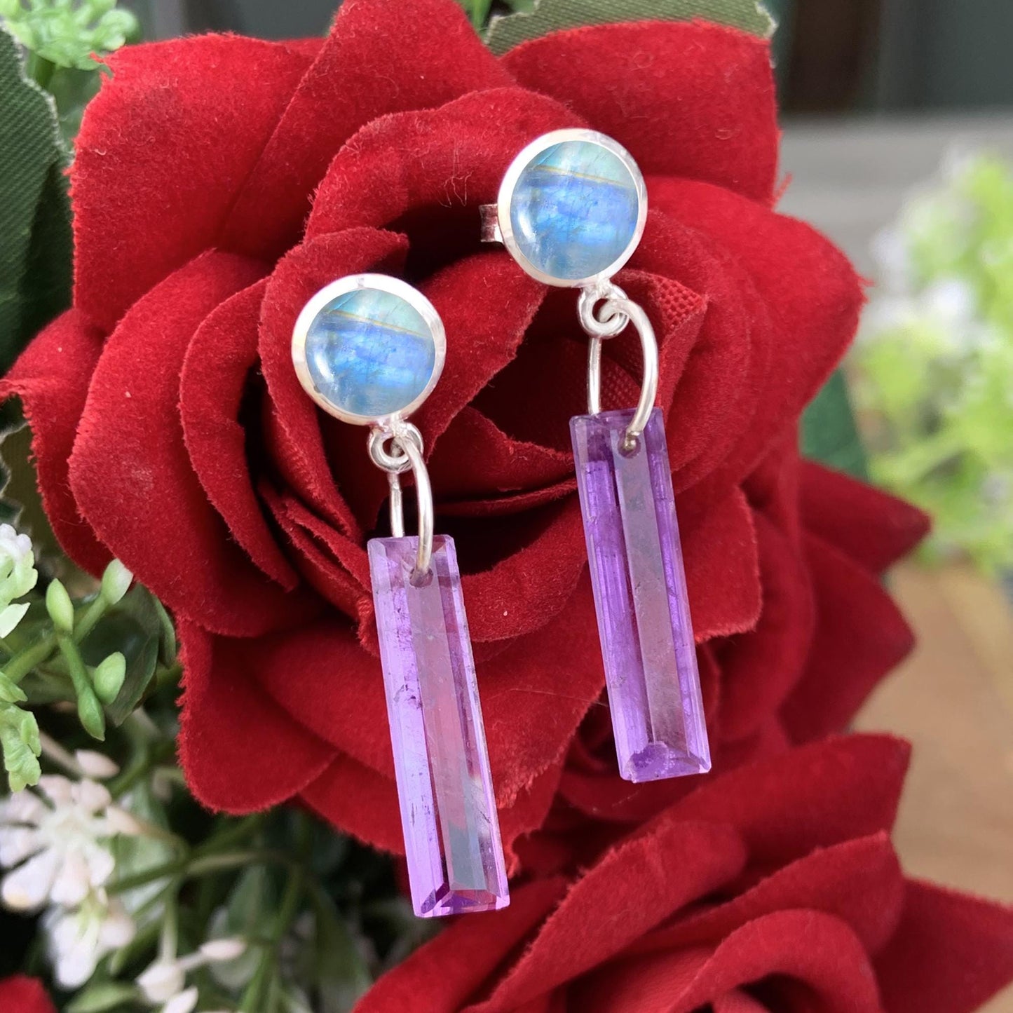 Handcrafted Moonstone Studs with Dangling Amethyst Crystal Pillars ~ Long Earrings ~ Silver and Vermeil gold ~ Gift For Her Bridesmaid Gift