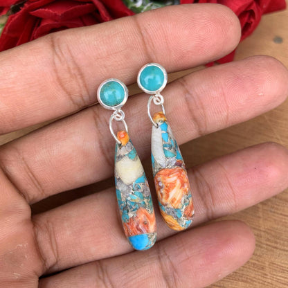 Turquoise & Spiny Oyster Shell Teardrop Dangle Earrings – Handmade Sterling Silver Jewelry