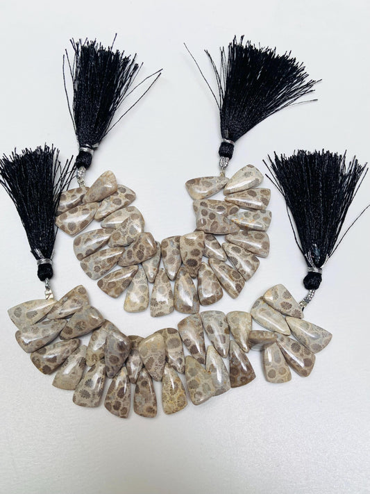 Fossil Coral Briolette Beads – Sail Crown Cut, Side Drilled 4 Inch Strand 8x16-9x18mm
