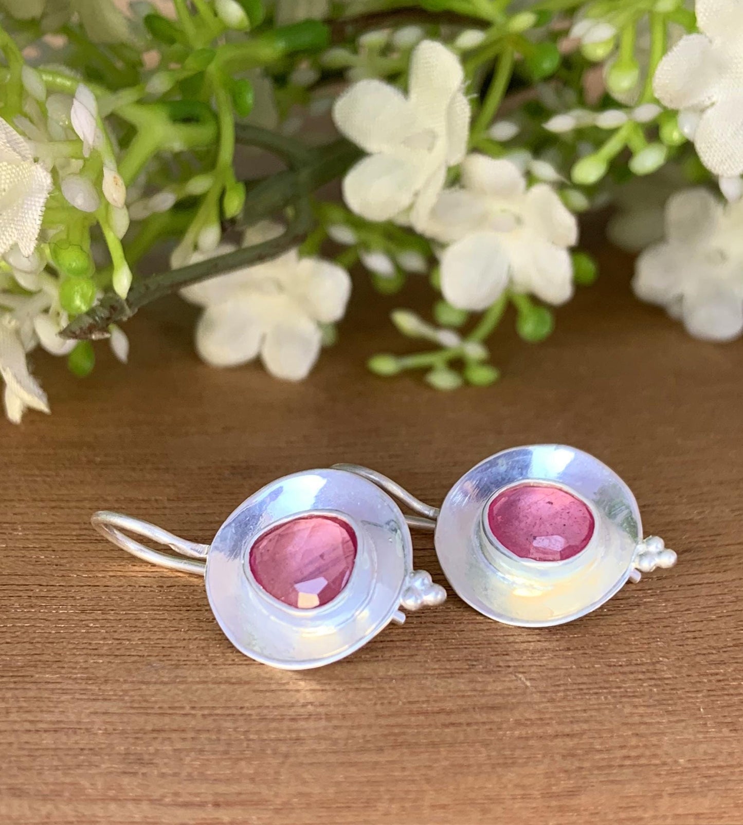 Rose cut Ruby Earrings ~ Silver and Vermeil Gold Earrings ~ Rustic Artisan Jewelry ~ Pink Ruby Birthstone Earrings ~ Gift For Her ~ E-0044