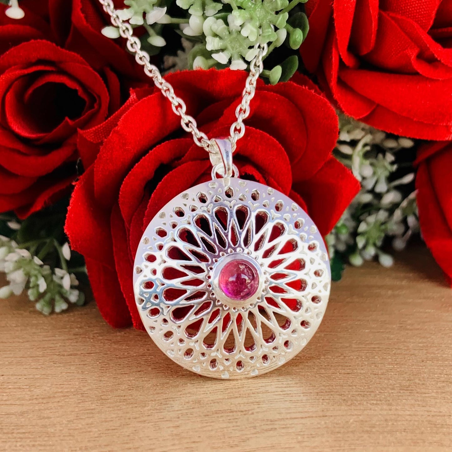 Chakra Round Tourmaline Filigree Silver Necklace