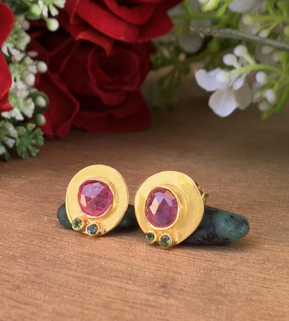 Rosecut Ruby Stud Earrings ~ Vermeil Gold and Silver Earrings ~ Ruby and Green Tourmaline ~ Dainty Stud Earrings ~ Handmade Jewelry ~ E-0048
