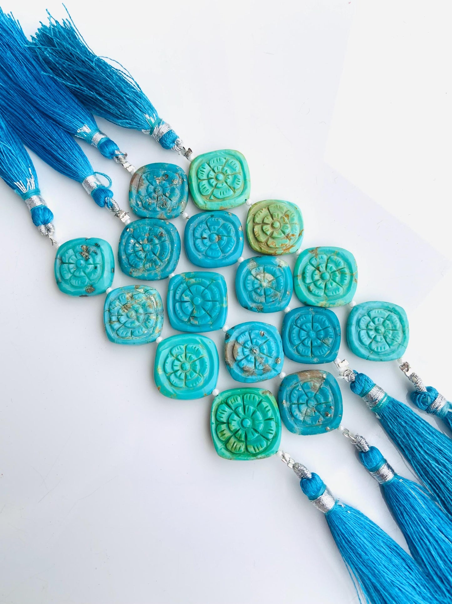 4 Pcs Arizona Turquoise Carved Flower Briolette Beads 17x17mm | Fancy Gemstone Beads