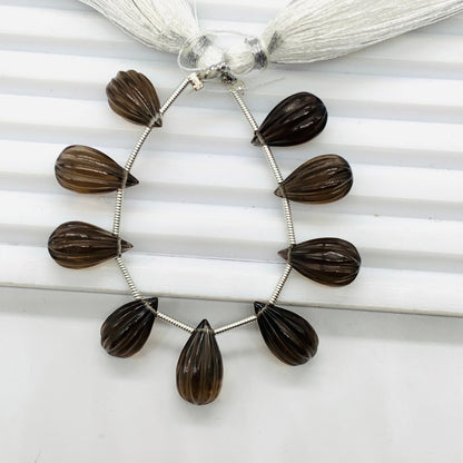 10 Pieces Natural Smoky Quartz Carved Drops Briolette Beads Size 14x8mm Natural Smoky Quartz Faceted Gemstone Tear drops for Jewelry making