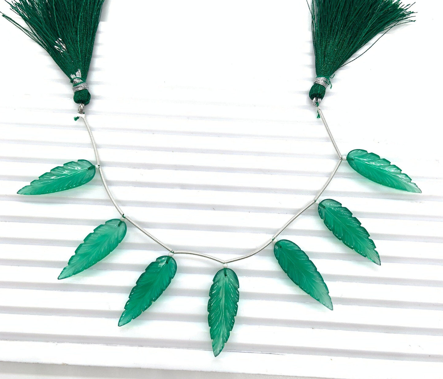 Green Onyx 7 Pieces Leaf Shape Carved Gemstone Beads 30x10x4mm