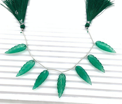 Green Onyx 7 Pieces Leaf Shape Carved Gemstone Beads 30x10x4mm