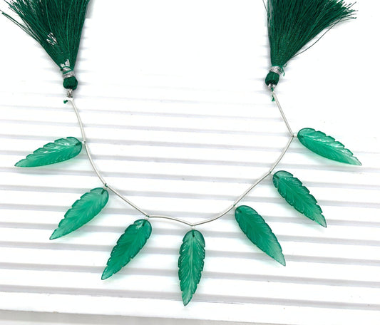 Green Onyx 7 Pieces Leaf Shape Carved Gemstone Beads 30x10x4mm