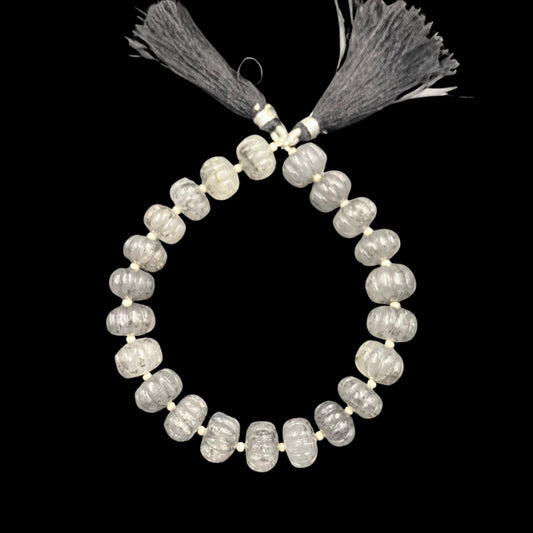 23 pcs Natural Black Dot Quartz Carved Melon Shape Rondelle Beads , Center drill gemstone Carved Melon Beads ,Melon Rondelle Fancy briolette