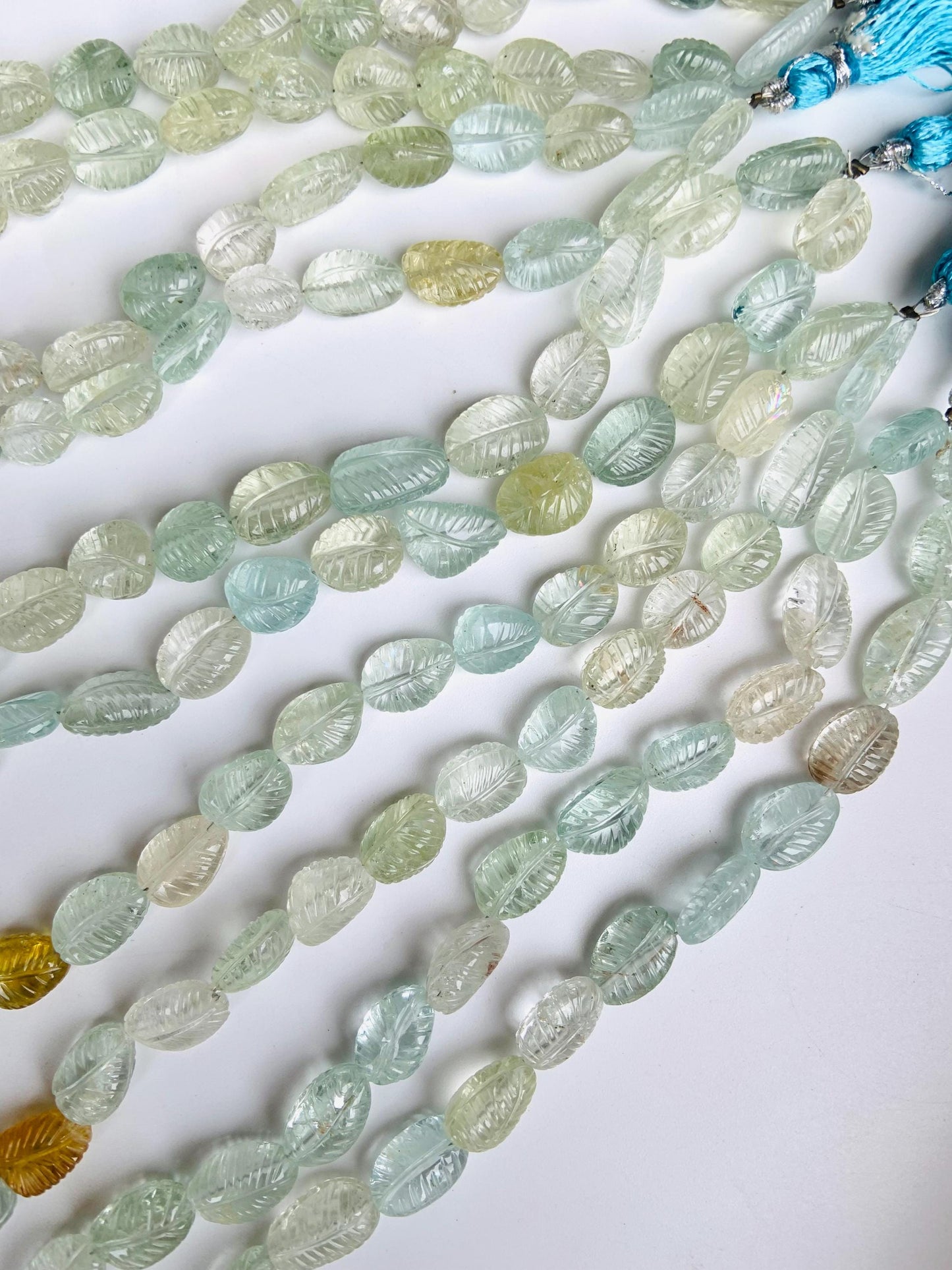 Natural Multi Aquamarine Carved Leaf Tumble Briolette Gemstone Beads 8x11mm to 9x14mm