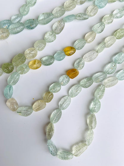 Natural Multi Aquamarine Carved Leaf Tumble Briolette Gemstone Beads 8x11mm to 9x14mm