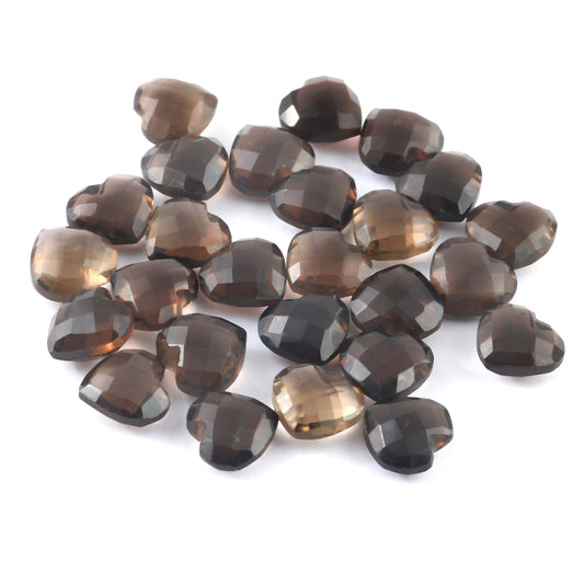 Natural Smoky Quartz Heart Beads – Faceted Carved 10mm Gemstone Briolettes