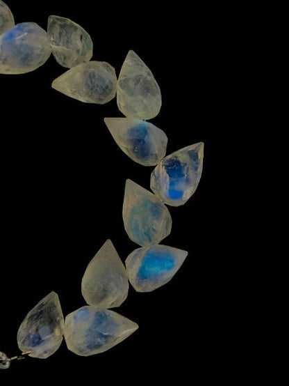 4 Inches Natural White Rainbow Buds Briolette Beads Blue Flashy Gemstone Faceted Flower Buds Size 5X9 MM To 6X10 MM   SKU - BBI712