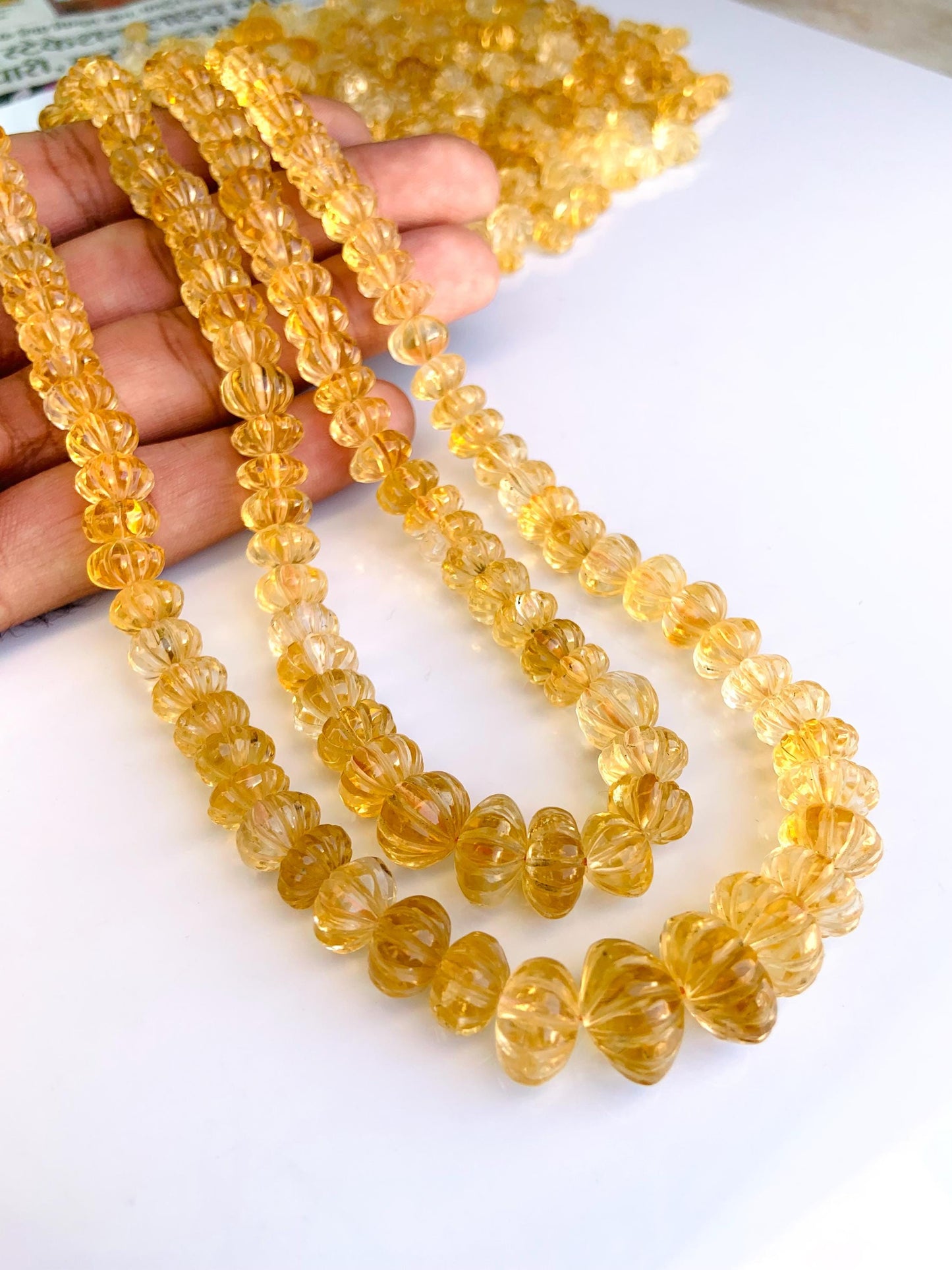 Natural Citrine Carved Melon Rondelle Beads 8 Inch Strand | Center Drill Fancy Briolette Gemstone