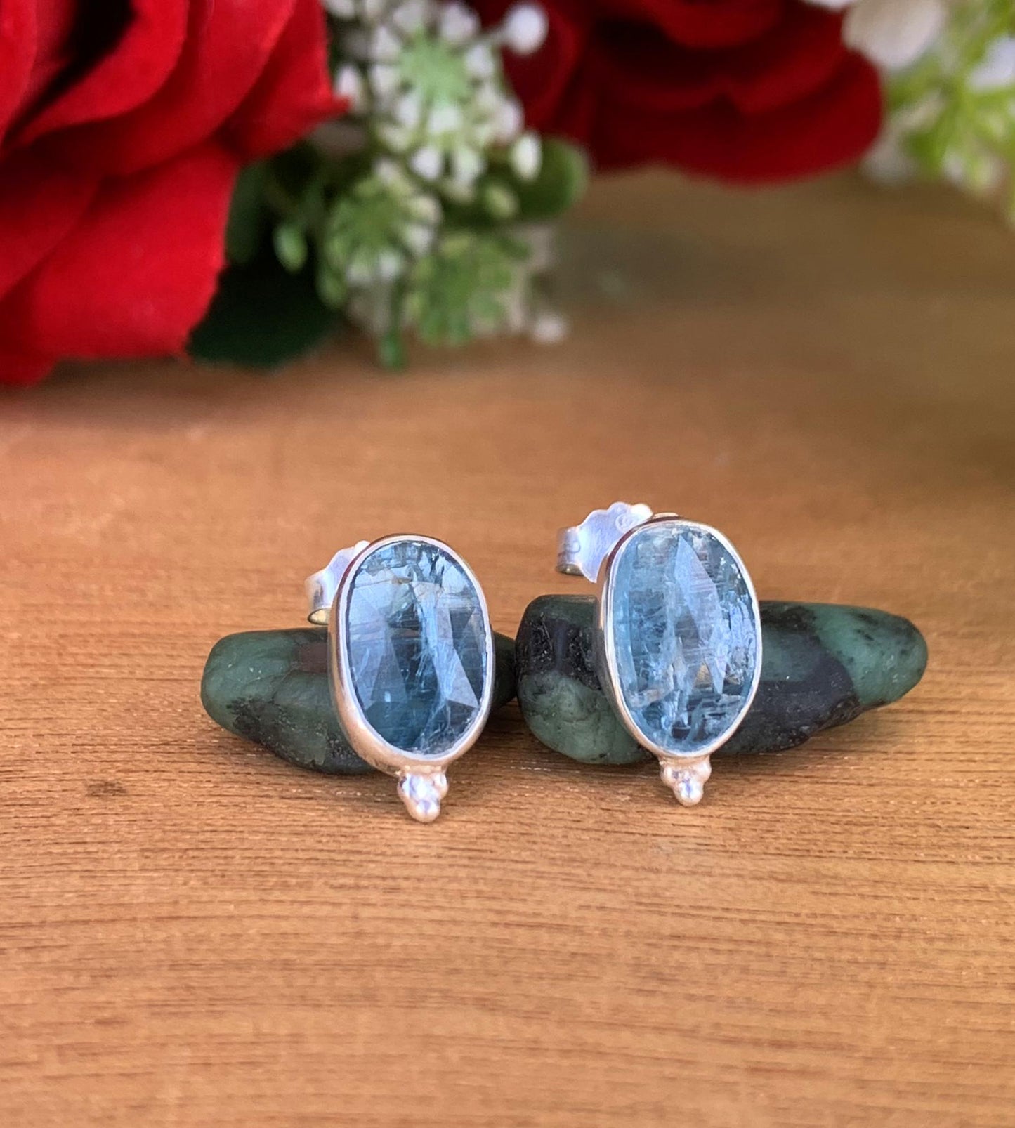 Kyanite Studs Earrings ~ Dainty Silver and Vermeil Gold Studs ~ Rosecut Birthstone Jewelry ~ Gift For Her ~ E-Anniversary Gift ~ E-0046