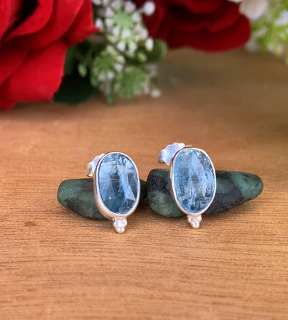 Kyanite Studs Earrings ~ Dainty Silver and Vermeil Gold Studs ~ Rosecut Birthstone Jewelry ~ Gift For Her ~ E-Anniversary Gift ~ E-0046