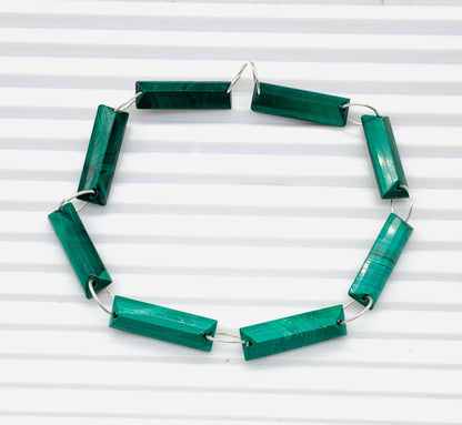 Natural Malachite Baguette Beads – Step Cut Faceted Gemstones 20x6x4mm Both Side Face Drill