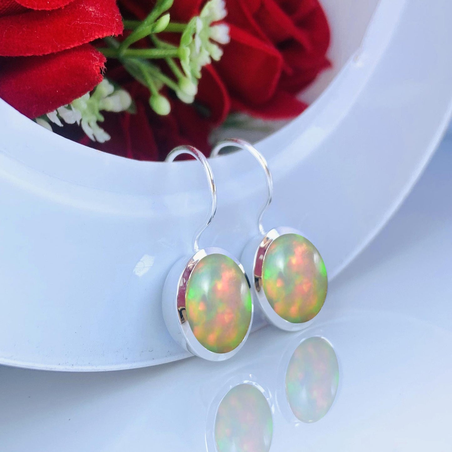 Simple Opal Earrings ~ Vermeil Gold & Silver Earring Pair ~ Oval Cut Dainty Opal Birthstone Earrings ~  Gift for Her ~  E-0039