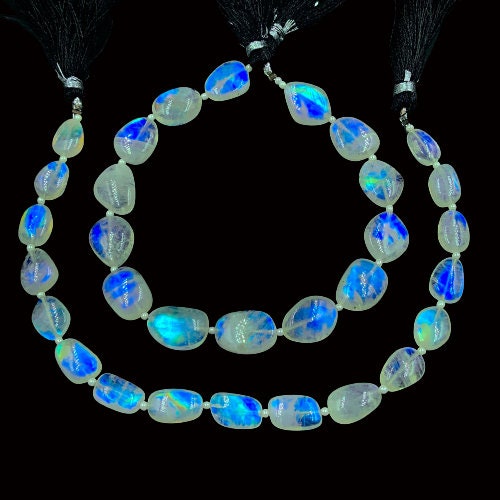14 Pieces AAA Quality Natural White Rainbow Smooth Organic Oval  Gemstone , Blue Flashy Beads , Beads For Jewelry ,   SKU - 202