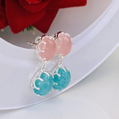 Rose Quartz & Amazonite Drop Earrings – Sterling Silver Dangle Studs for Women