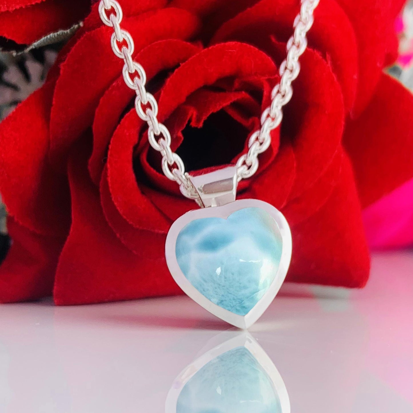 Dainty Larimar Heart Shape 925 Sterling Silver Necklace