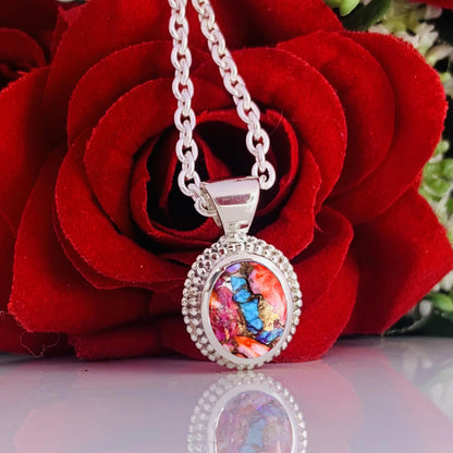 Pink Dahlia Turquoise Necklace – Dainty Silver Boho Pendant, Gift for Her