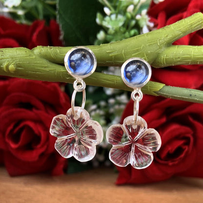 Kyanite & Carved Quartz Floral Dangle Earrings – Sterling Silver Elegance with a Touch of Nature-Inspired Beauty