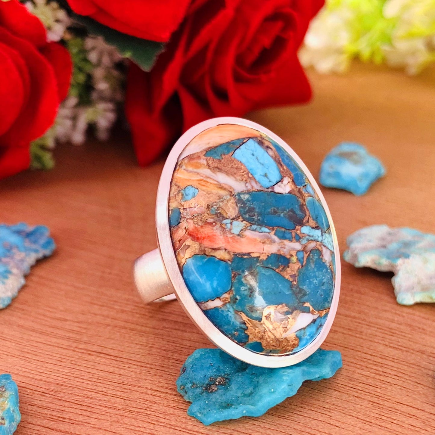 Big Oyster Copper Turquoise Statement Ring - 925 Silver Matte Finish