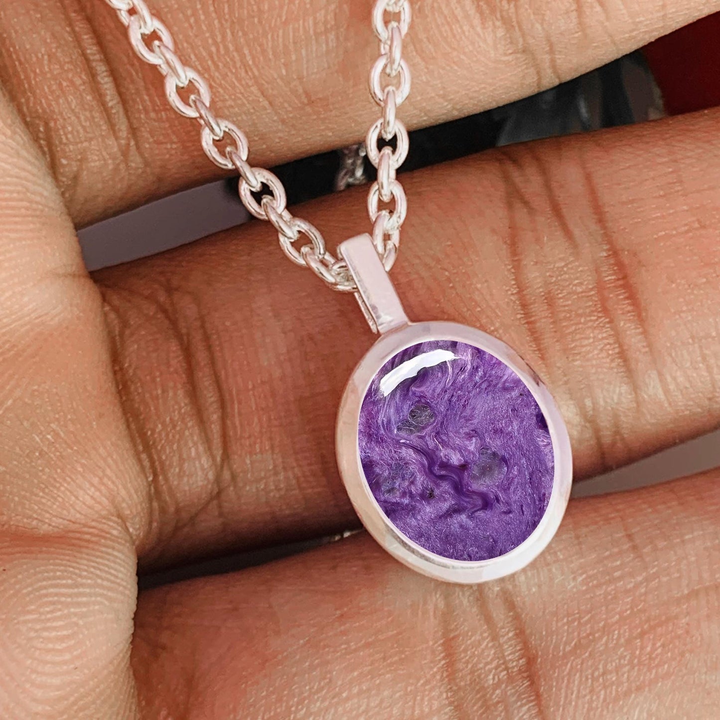 Charoite Pendant Necklace – Purple Gemstone Sterling Silver Round Pendant