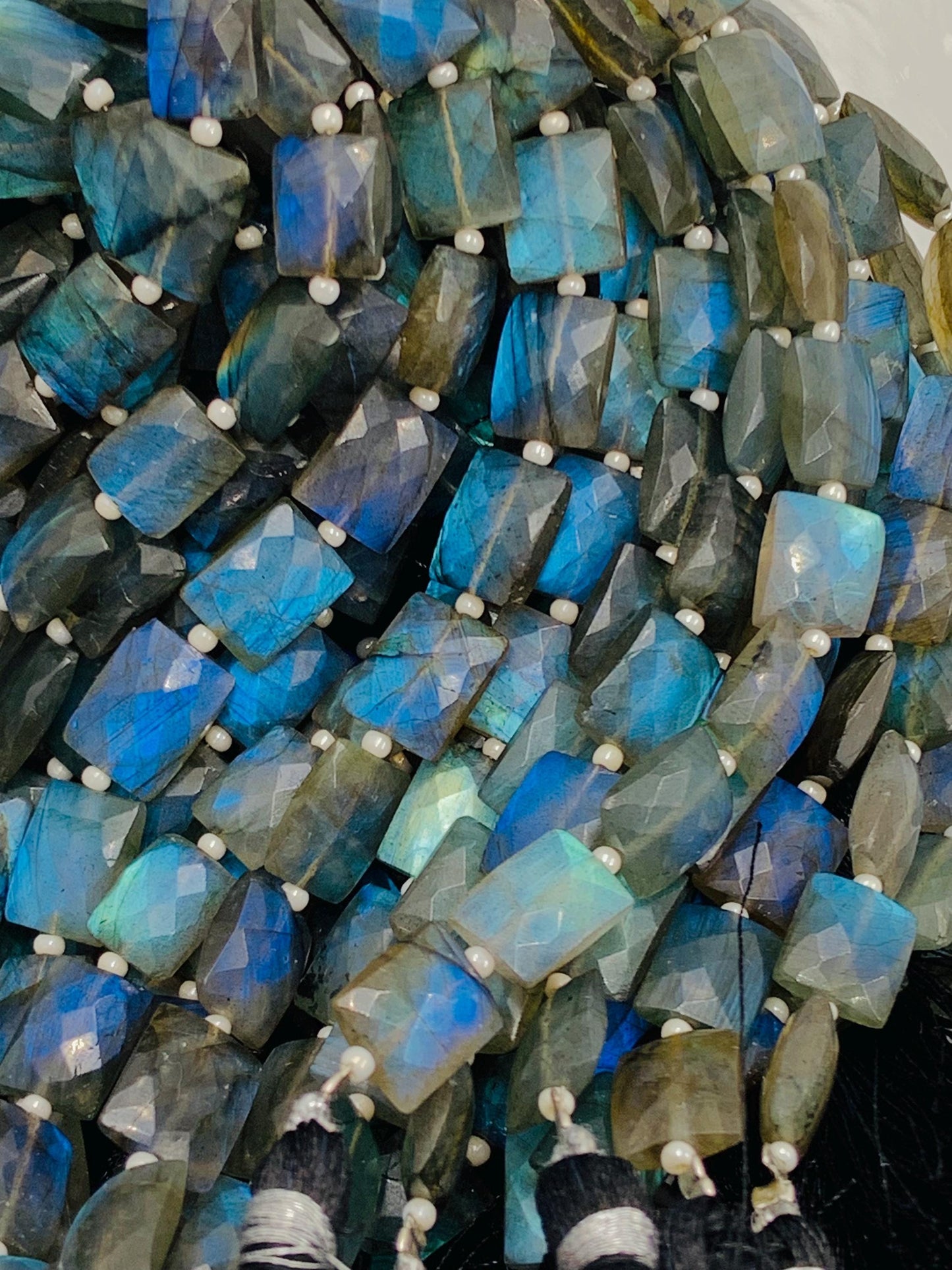 Natural Labradorite Rectangle Beads - Faceted Center Drill Gemstone Strand 8"
