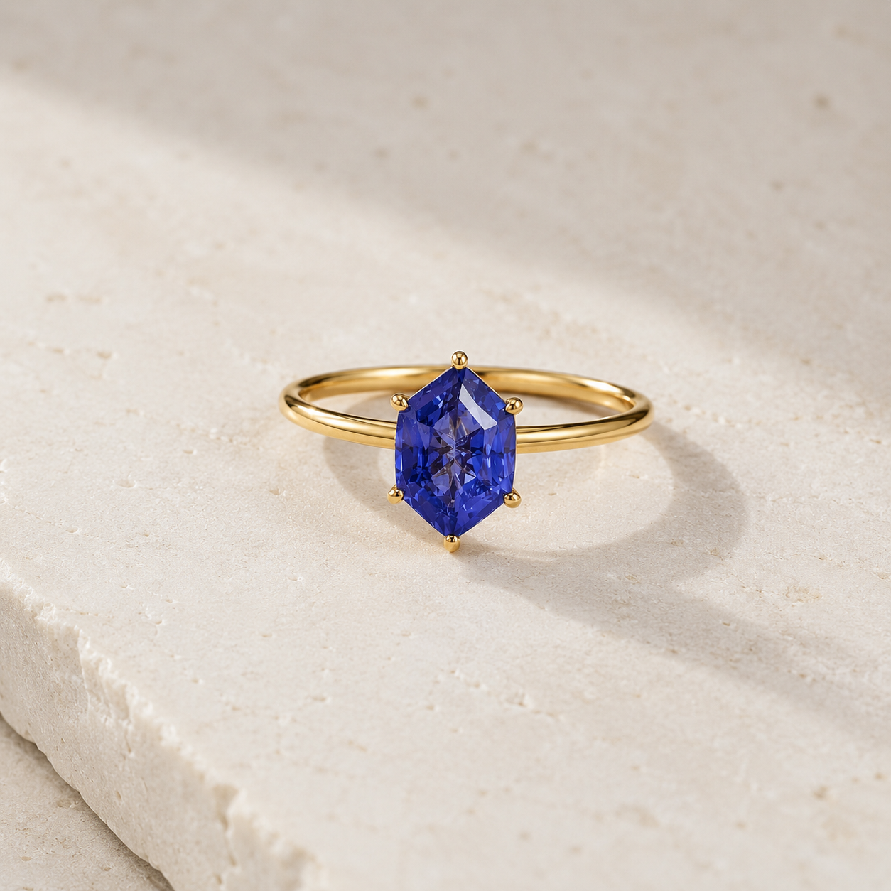 Lab Grown Tanzanite Engagement Ring in 14K Gold, Elongated Hexagon Solitaire
