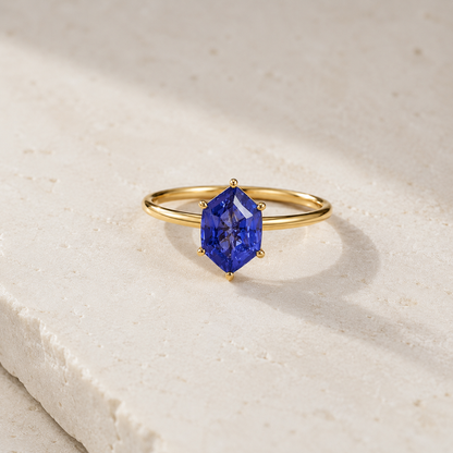 Lab Grown Tanzanite Engagement Ring in 14K Gold, Elongated Hexagon Solitaire