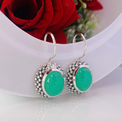 Natural Chrysoprase Silver Earrings, Green Stone Oval Shape Earrings, Statement Silver Earrings, Birthday Gift For Her, E-0010