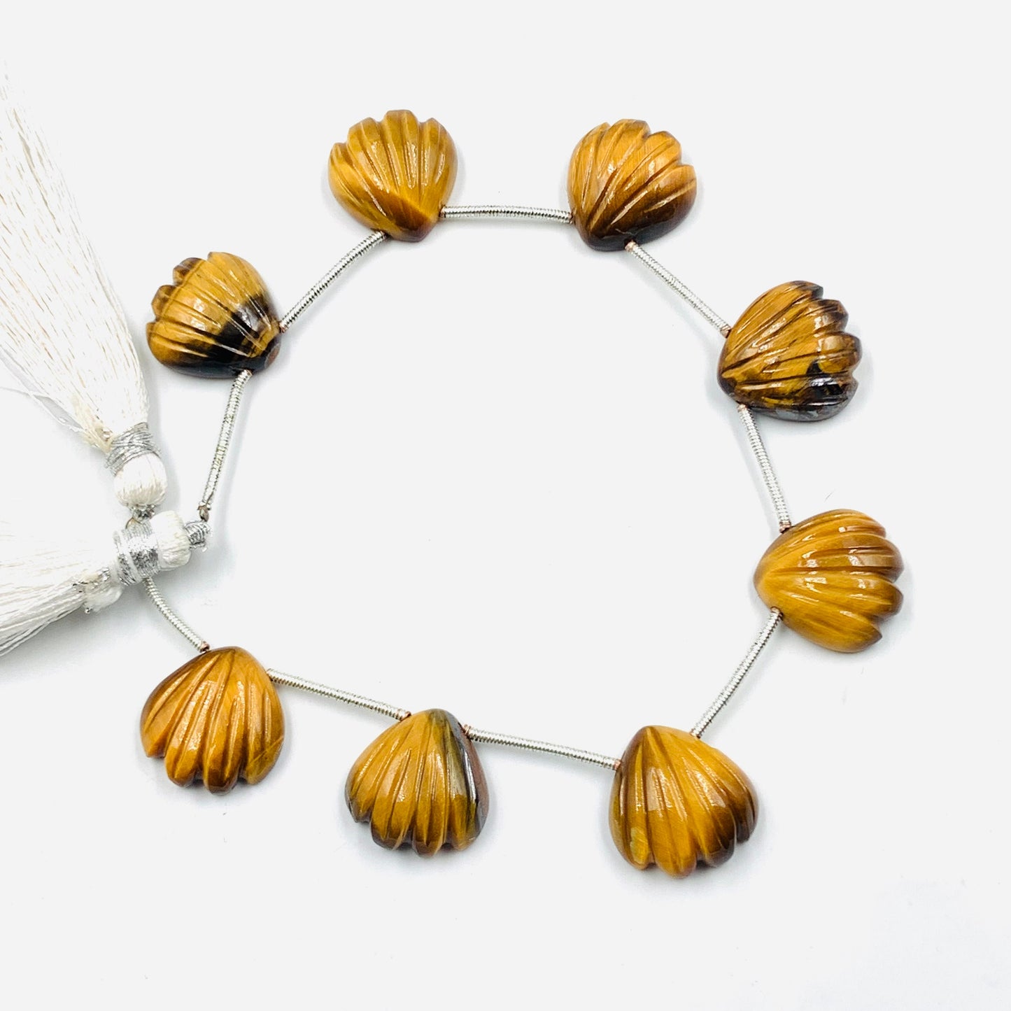 8 pcs Natural Tiger Eye Carved Fan shape Gemstone Briolette Side Drill Beads | Beads For Jewelry | Wholesale Gemstone beads BBI857